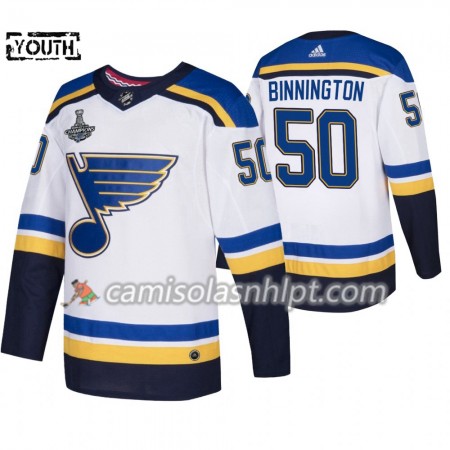 Camisola St. Louis Blues Jordan Binnington 50 Adidas 2019 Stanley Cup Champions Branco Authentic - Criança